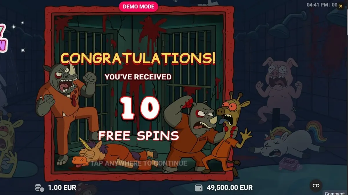 Happy Prison slot game interface featuring cartoon characters in a prison setting.