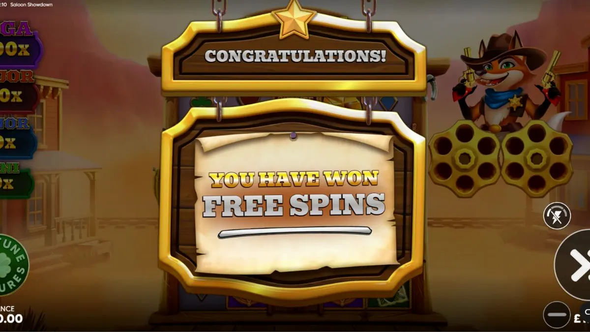 Tampilan visual slot Saloon Showdown 10,000x dengan tema koboi kartun