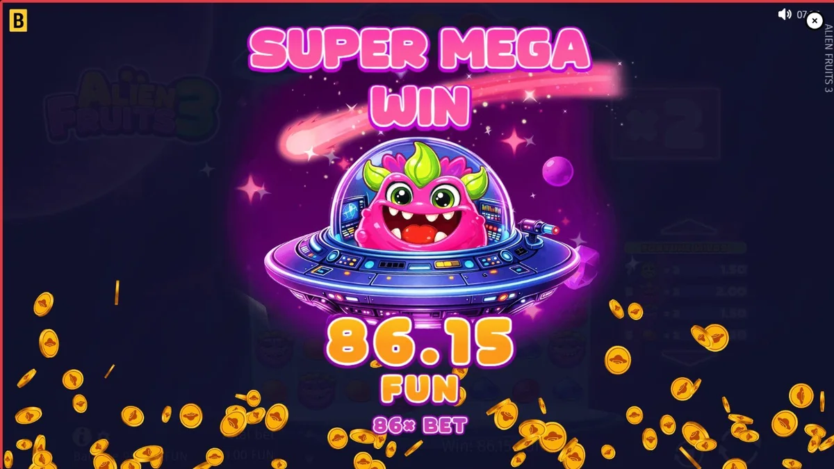Tampilan visual neon dan alien dalam permainan slot Alien Fruits 3