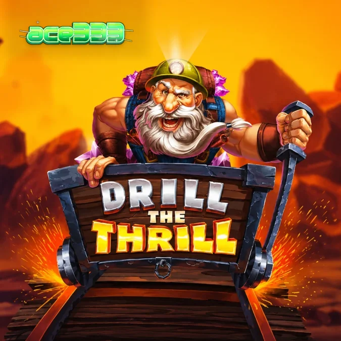 Tampilan visual slot Drill the Thrill dengan tema pertambangan dan simbol permata.