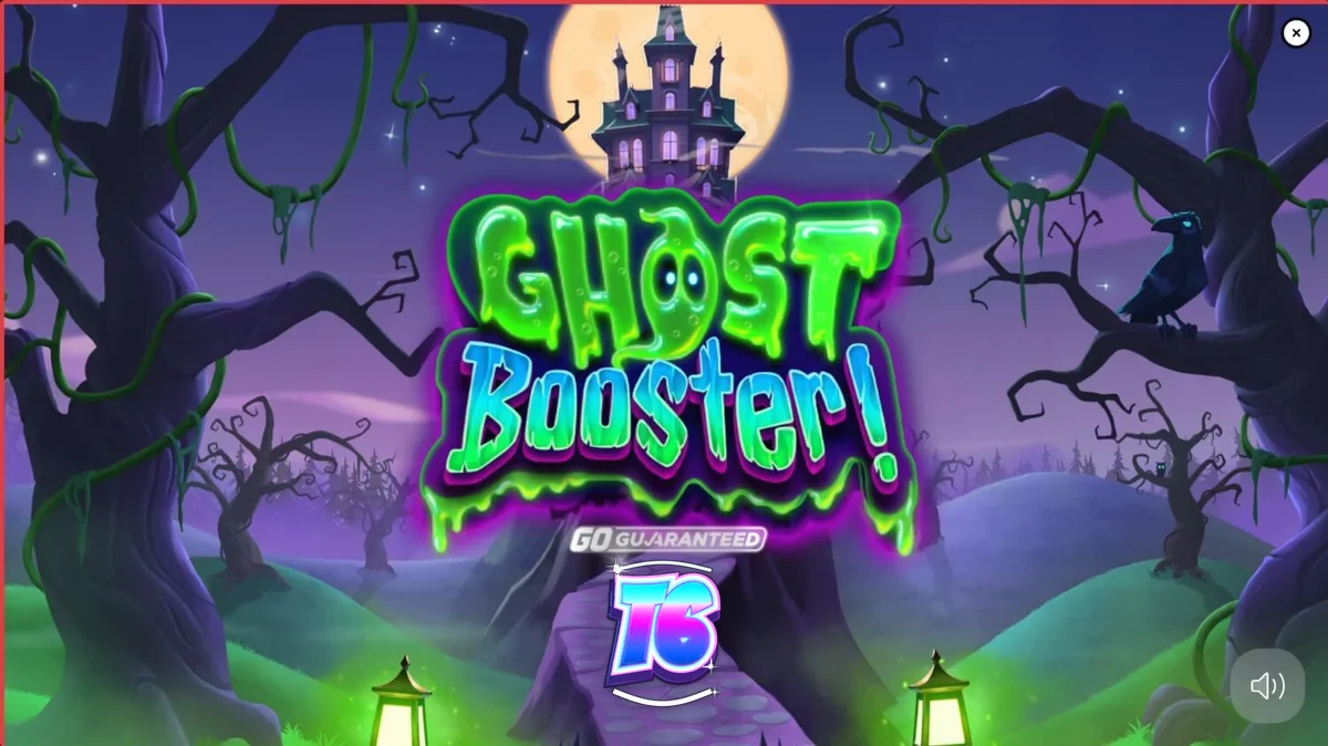 Tampilan visual slot Ghost Booster dengan tema hantu lucu dan dekorasi Halloween.